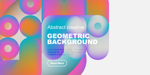 Vibrant geometric shapes overlap, creating colorful abstract background. Text promotes creative design, includes call to action.