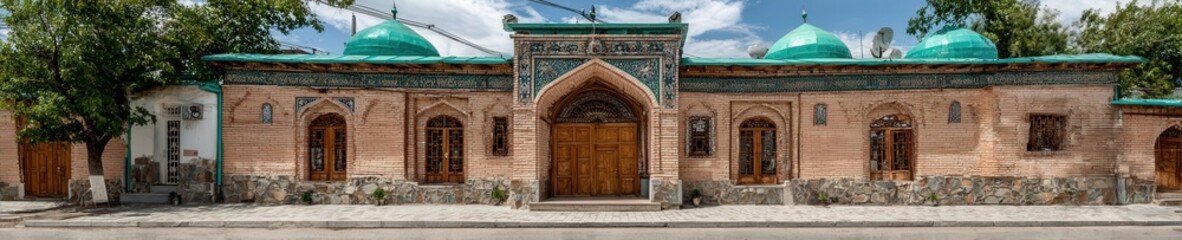 Ancient Uzbek mosque with turquoise domes and ornate tilework surrounded by lush greenery under a bright blue sky, peaceful and photorealistic view.