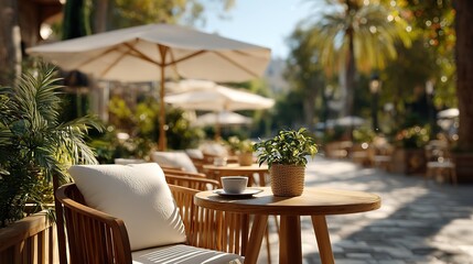 Obraz premium Outdoor cafe seating under umbrellas