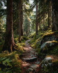 Obraz premium Authentic Forest Hiking Trail Path in Natural Green Woodland Premium Outdoor Lifestyle Content for Nature Marketing and Social Media Campaigns