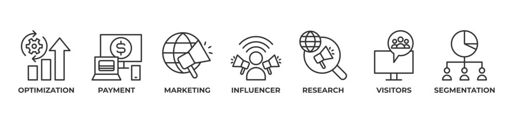 Optimized Marketing Strategy Icons set vector illustration outline with Optimization, Payment, Marketing, Influencer, Research, Visitors, Segmentation