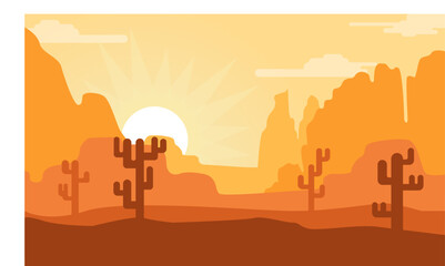 Cartoon desert landscape with cactus, hills and mountains silhouettes, vector nature horizontal background