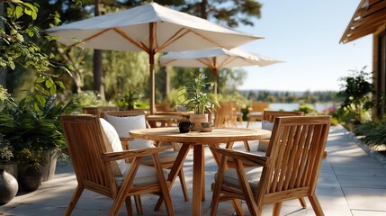 Obraz premium Outdoor wooden patio dining area