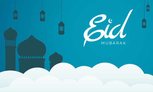 Eid Mubarak greeting card with flat landscape illustration of mosque silhouette an moon, Eid Al Adha banner suitable for social media post template, banner - Powered by Adobe