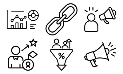 Marketing and Business Line Icons 6 Vector Icons for SEO Link Building, Sales Funnel, Promotion, Analytics, Customer Targeting and Digital Advertising