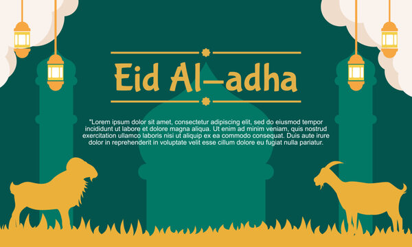 Eid Mubarak greeting card with flat landscape illustration of mosque silhouette an moon, Eid Al Adha banner suitable for social media post template, banner