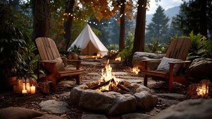 Rustic campfire evening garden scene