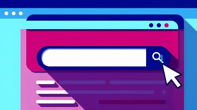 Stylized interface shows browser window with search bar, cursor, and colorful elements