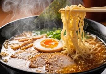 Delicious Steaming Ramen Bowl - A steaming bowl of ramen noodles with pork, egg, and other delicious toppings. Perfect for a cozy meal