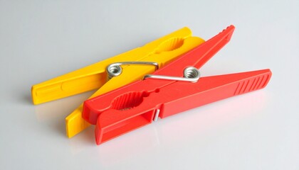 Two plastic clamps—one yellow, one red—crossed diagonally, featuring metal screw mechanisms and ridged handles for grip, isolated on white background.
