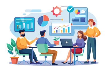 A team of professionals are collaborating on a project, analyzing data and charts isolated on white background