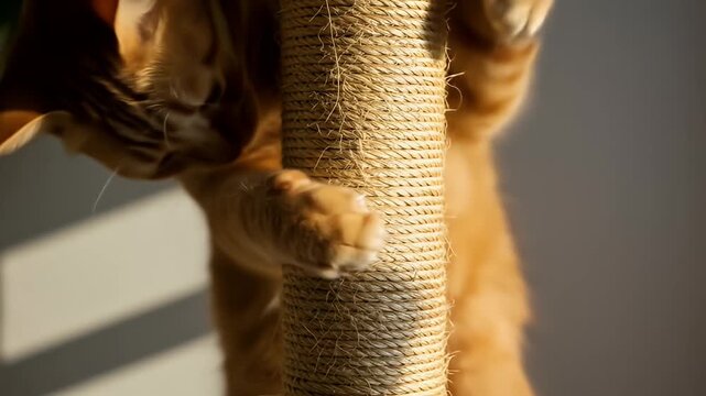 Ginger cat scratching a sisal rope post, lit by sunlight, in a light room, soft focus