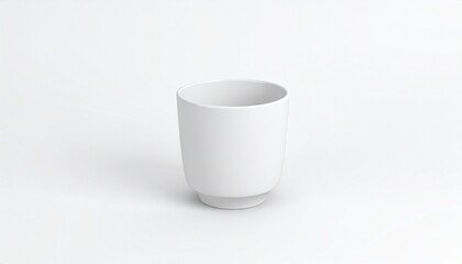 Plain white ceramic cup with smooth cylindrical form and thick base, isolated on white background&mdash;minimalist and functional.