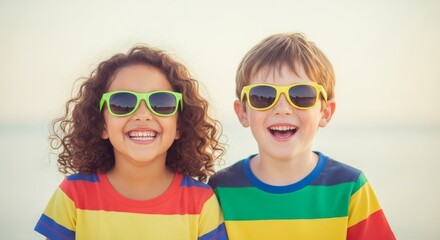 Obraz premium Happy Children Wearing Sunglasses - Two smiling children, a girl and a boy, wearing colorful striped shirts and sunglasses. A joyful summer scene