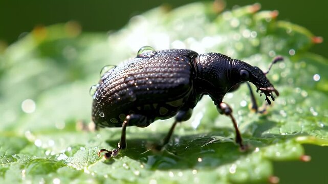 Close-up of a black weevil on a leaf