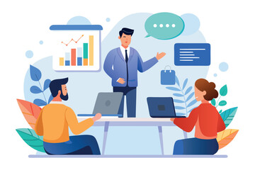 Business team having a meeting with presentation isolated on white background