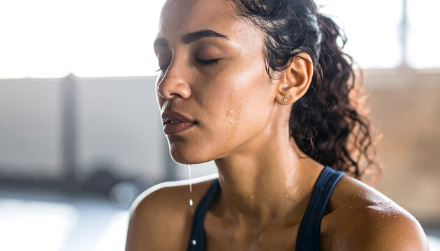 Close-up of a tired athletic woman with sweat on her face resting after an intense workout in the gym. - Powered by Adobe