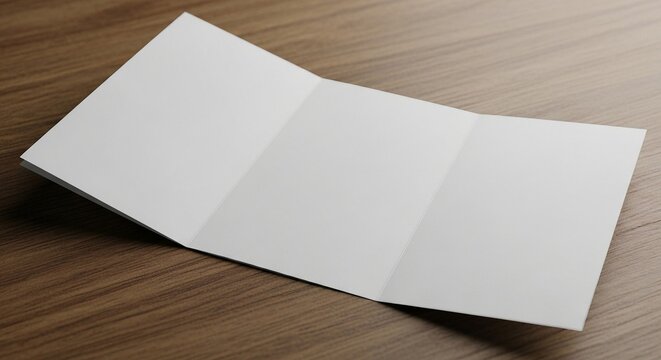 Blank white tri-fold brochure or leaflet unfolded on a wooden desk, ready for custom design.