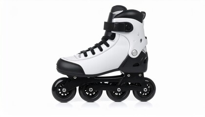White high-top roller skate with black wheels and laces—sleek, modern, and recreational.