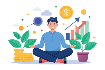 Businessman meditating with money and investment symbols isolated on white background