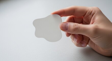 Close-up of a hand holding a blank, irregularly shaped sticker, perfect for mockup or design presentation.