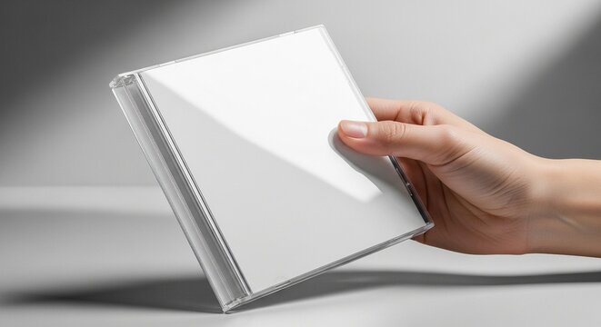 A human hand gently holds and presents a clear blank CD jewel case with a white paper insert against a clean, minimalist grey studio backdrop, ready for design customization.