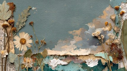 A collage art of pressed flowers with old book skies