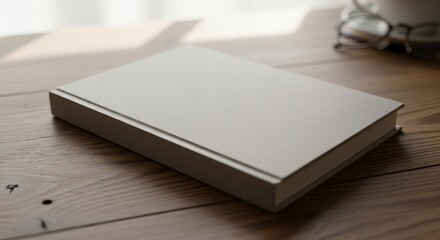 Fototapeta premium Blank light gray hardcover book resting on a wooden desk with glasses and a cup in the background.