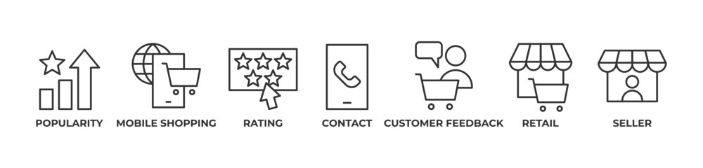 Retail Success Icons set vector illustration outline with Popularity , Mobile shopping, Rating, Contact, Customer feedback, Retail, Seller