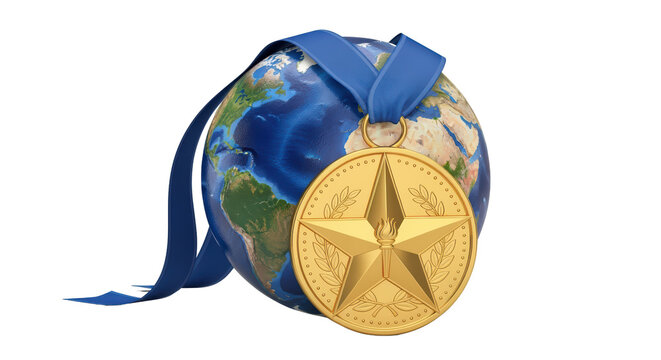Earth Globe with Medal and Ribbon in Gold and Blue Colors for Global Achievement or Recognition