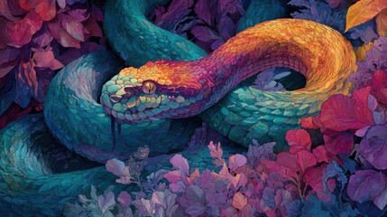 Coiled snake, turquoise & orange, amidst vibrant flora, tongue flicking