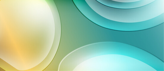 Abstract background features overlapping circles. Colors range from gold to teal, creating soft gradients. Minimalist design, smooth textures present.