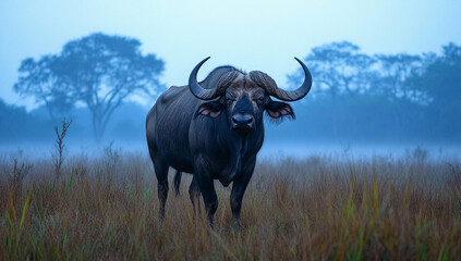 Majestic gaur bull standing in misty field at dawn