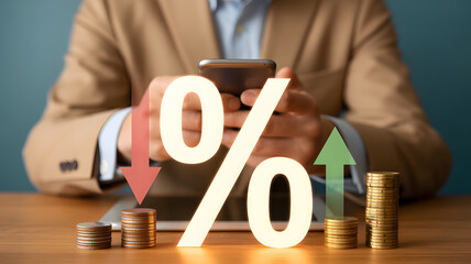 Business professional analyzing financial data on smartphone surrounded by growing stacks of coins and percentage symbols indicating market fluctuations