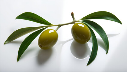 Obraz premium Close-up of two green olives and leaves placed against a pure white background