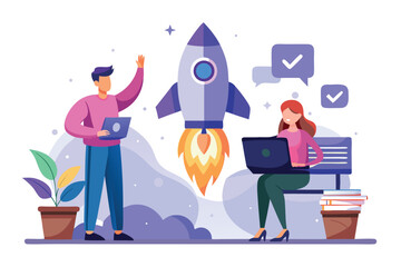 Startup launch with a rocket and a team working on laptops isolated on white background