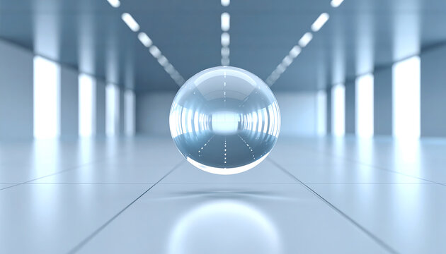 A translucent sphere floats in a futuristic, minimalist hallway.