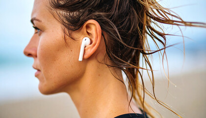 A focused athletic woman with wet hair wearing a white wireless earbud outdoors.