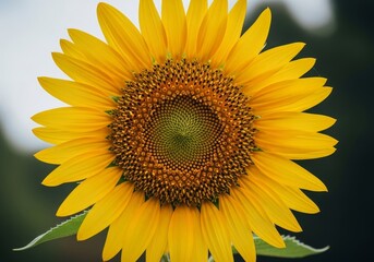 Fototapeta premium Vibrant Sunflower Close-Up - A stunning close-up of a blooming sunflower, symbolizing happiness, summer, nature, growth, and optimism. Its bright yellow petals radiate warmth and energy