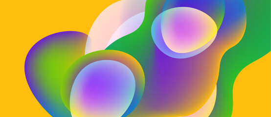 Abstract vibrant shapes overlap, creating fluid colorful composition. Yellow background provides contrast, emphasizing gradients.