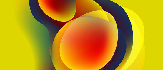 Abstract composition featuring overlapping colorful spheres. Bright yellow background provides contrast, creating dynamic visual effect.