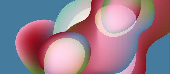 Abstract shapes overlap, creating soft gradients. Colors blendpink, red, blue, greenforming fluid composition. Modern design.
