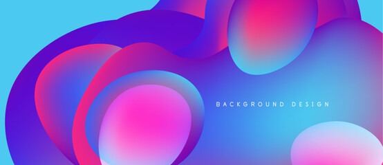 Abstract fluid shapes overlap, creating vibrant gradients. Blue, pink, purple hues dominate design. Modern aesthetic, smooth transitions present.