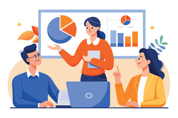 Business presentation with a woman presenting data to her colleagues isolated on white background