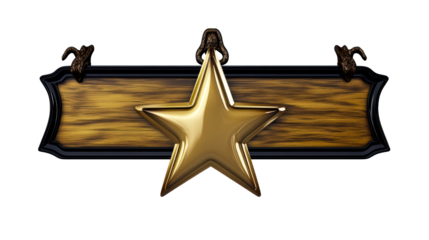 Golden star plaque with wooden background and decorative hooks