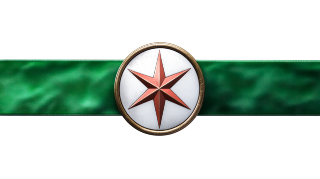 Design of a badge featuring a red star and green ribbon