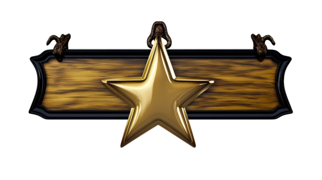 Golden star plaque with wooden background and decorative hooks