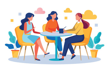 Three women chatting and drinking coffee together at a cafe isolated on white background