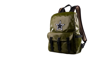 Stylish green backpack with star emblem on transparent background