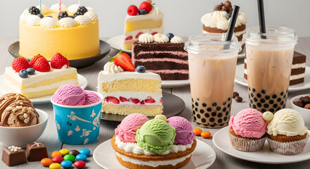 Delicious assortment of cakes, ice cream, and bubble tea inviting indulgence, perfect for dessert menus and celebratory events, enjoy these tasty treats!